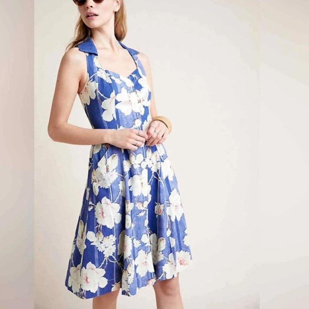Anthropologie Camellia Collared Dress Sleeveless Floral Fit Flare Blue US Size 0 - Picture 2 of 9
